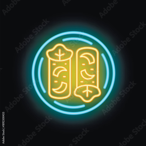 Neon sign showing two spring rolls with vegetables, illuminated at night