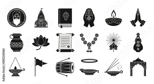 A comprehensive collection of black and white icons representing various symbols, rituals, and deities from Indian culture and religion, including temples, lamps, and sacred texts.