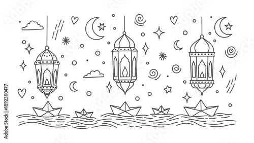 Celestial Reverie: A hand-drawn illustration featuring ornate lanterns, crescent moons, stars, clouds, and paper boats, creating a sense of wonder and enchantment.