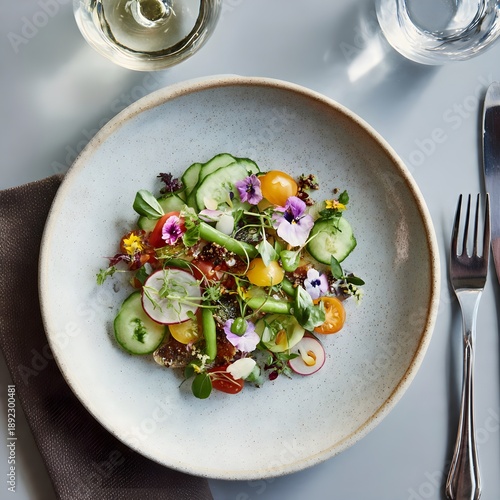 Fine Dining Vegetable Salad with Edible Flowers and Microgreens