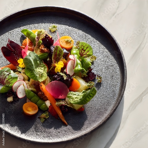 Fine Dining Vegetable Salad with Edible Flowers and Microgreens