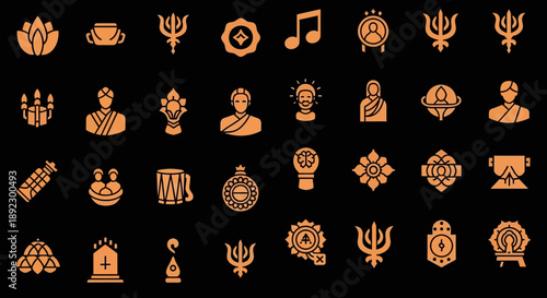 A comprehensive collection of various orange cultural and religious icons on a black background, depicting traditional Indian symbols, spiritual elements, and human figures.