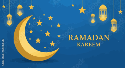 A vibrant blue background with a large golden crescent moon, numerous stars, and elegant lanterns, featuring the text 'RAMADAN KAREEM' for a festive Islamic greeting.