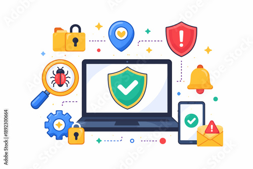 Cybersecurity concept with antivirus shield and alert icons