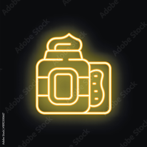 Neon sign representing a jar of cosmetic cream with its lid open and a spatula, ideal for beauty and skincare advertisement