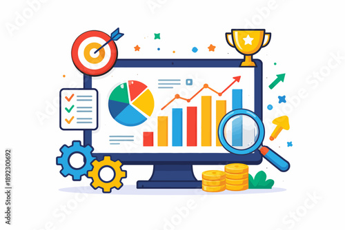 Data analytics dashboard with graphs and icons on computer screen