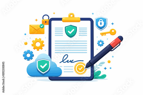 Digital security agreement with pen, lock, cloud, and envelope icons