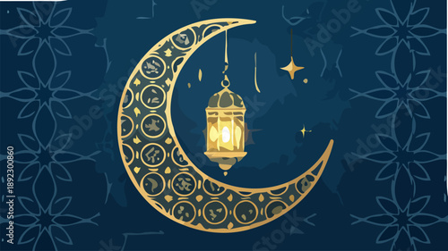 Luxury islamic greeting vector with crescent moon lantern and stars on dark blue background with floral patterns