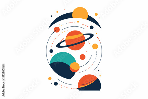 Abstract solar system with colorful planets and orbits in geometric design