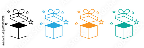 Open Gift Box Icon Set with Sparkling Stars for Surprise, Celebration and Marketing Rewards, Vector Illustration, Isolated on Transparent Background