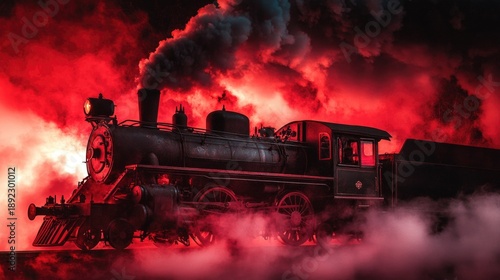 Vintage steam powered railway train in red smoke. Narrow gauge railway. Steam locomotive with wagon drives in red flame, steam and smoke