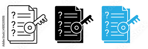 Document Icon Set with Question Marks and Key, Symbolizing Problem Solving, Information Access and Security, Vector Illustration, Isolated on Transparent Background