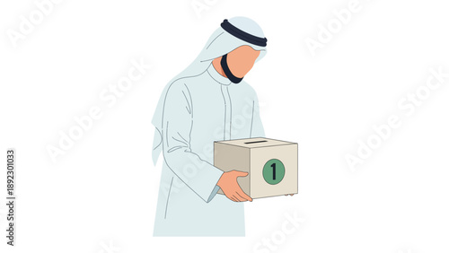 Cultural Ballot: An individual of Middle Eastern descent, dressed in traditional attire, delicately carries a ballot box, representing civic duty.