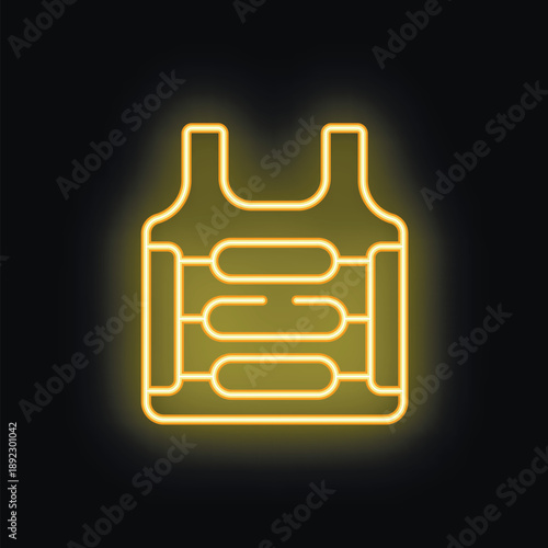 Yellow neon sign icon of a bulletproof vest glowing on a black background