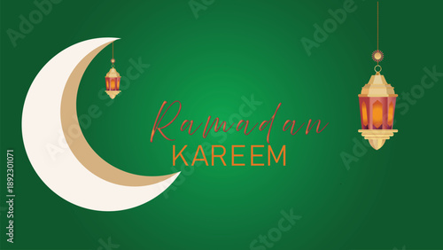 ramadan kareem green crescent lantern islamic festive background vector design