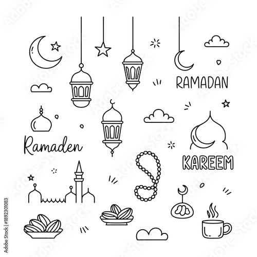 Ramadan Symbols:  A collection of artistic line drawings, showcasing traditional symbols such as lanterns and crescents. This collection embodies the spirituality, rituals.