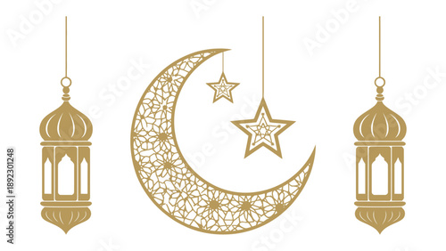 Islamic Decoration: A beautiful gold Ramadan decoration featuring a crescent moon, stars and lanterns, symbolizes the holy month and the Islamic culture.