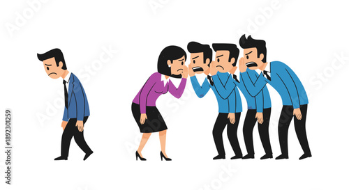A sad, isolated man walks away from a group of whispering, gossiping colleagues, symbolizing workplace bullying, social exclusion, and emotional distress.