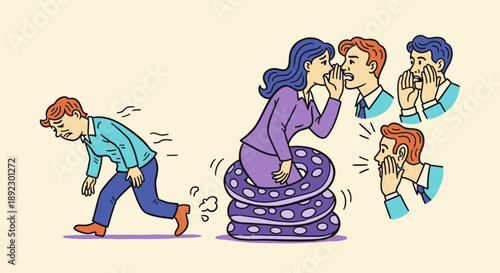 This impactful graphic depicts the spread of harmful rumors and backbiting, causing a man distress as he walks away from whispering figures.