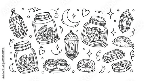 Ramadan Celebration: Festive hand-drawn doodles of dates, lanterns, and sweets create a joyful scene, celebrating the spirit of togetherness and culinary traditions.