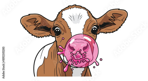 Funny Cow Character Blowing a Large Pink Bubble with Bubblegum Illustration
