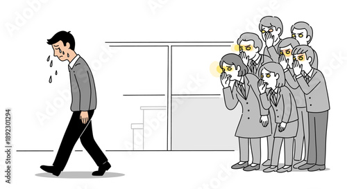 A despondent man walks away from a group of whispering, judgmental colleagues with glowing eyes, depicting the emotional impact of office bullying and social ostracism.