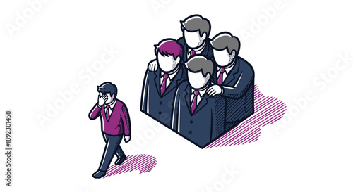This illustration portrays a solitary person walking away, feeling excluded from a close-knit group of business professionals, emphasizing themes of loneliness and workplace alienation.