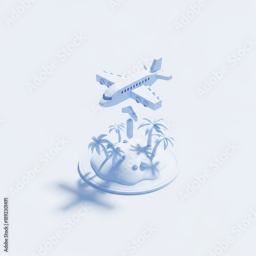 3D illustration of an airplane flying over a tropical island with palm trees.