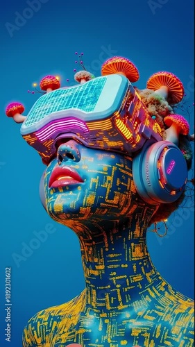 Wallpaper Mural A woman wearing a virtual reality headset with mushrooms on her head Torontodigital.ca