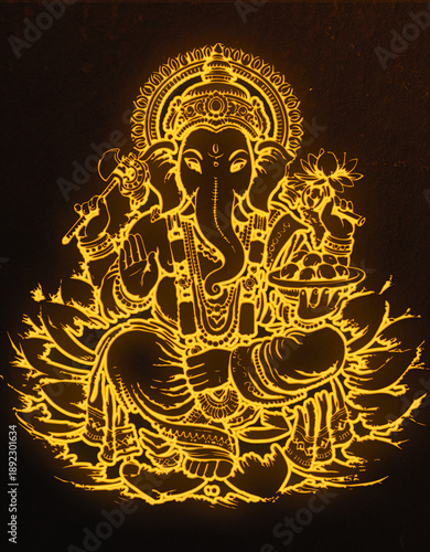  Intricate Golden Glow Illustration of Lord Ganesha Sitting on Lotus, Spiritual Ganpati Icon for Festivals