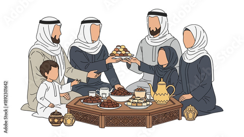Family Gathering: Capturing the essence of cultural unity, a family, clad in traditional attire, gathers around a table laden with dates, sweets, and coffee.