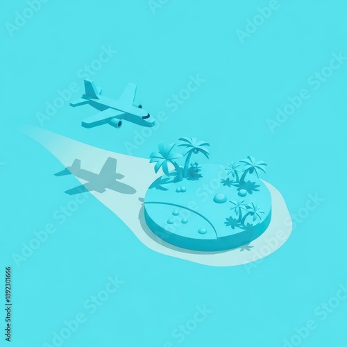 Airplane flying over a tropical island with palm trees and shadow.