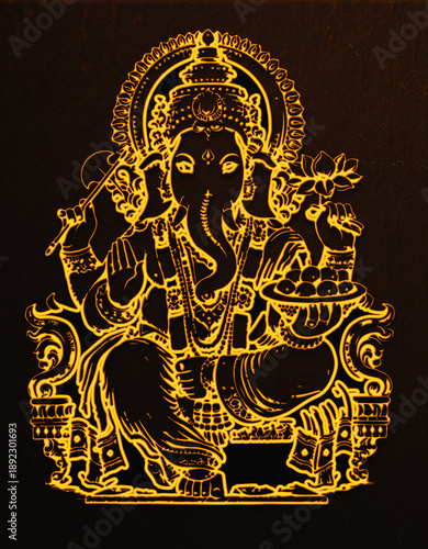 Glowing Golden Outline of Lord Ganesha Sitting on a Throne, Sacred Hindu God Ganpati Art