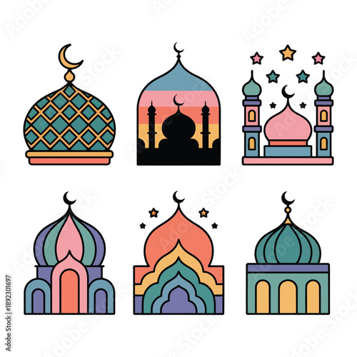 Mosque dome in design: A collection of stylized mosque domes, adorned with intricate patterns and vibrant colors, representing architectural beauty and cultural heritage.