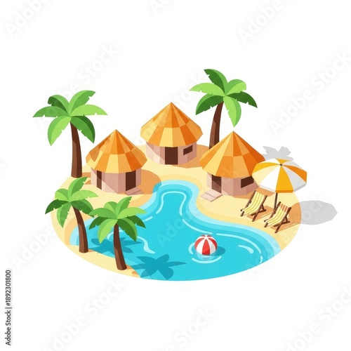 Tropical island with huts and palm trees surrounding a lagoon.