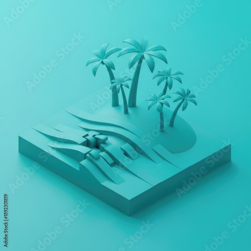 3D rendering of a serene tropical beach scene with palm trees.