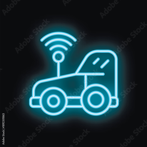 Glowing neon icon of a self driving car using a wireless network