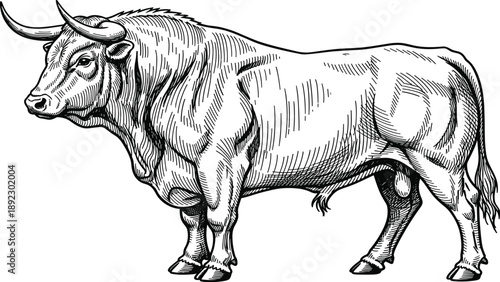 Bull, illustration, vintage, engraving, line, art, animal, livestock, cattle, farm, agriculture, vector, sketch, hand, drawn, detailed, isolated, white, background, designBull, illustration, vintage