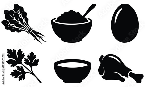 Passover silhouette food icons set with egg and bitter herbs bundle