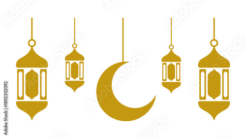 Golden Lanterns and Crescent: A serene representation of the crescent moon and several ornate lanterns in a simple design, often used for celebratory occasions.