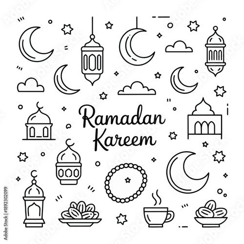 Ramadan Kareem: Symbols of reflection, devotion and warmth create a cohesive arrangement in a clean and crisp illustrated display. 