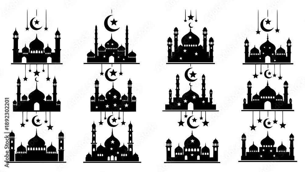 Fototapeta premium Set of black mosque silhouettes with crescent moon and star, designed as Ramadan themed icons for Islamic greetings, posters, and banners.