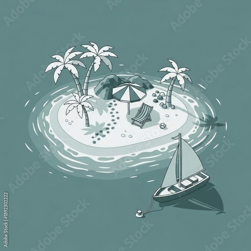 Serene Island Getaway with Palm Trees and Sailboat.