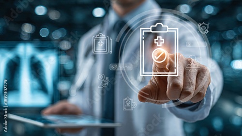 Medical professional touches digital health check checklist icon, futuristic diagnosis technology, perfect for medicals and EHR systems
