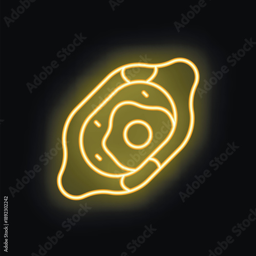 Yellow neon icon of a human liver glowing on a black background