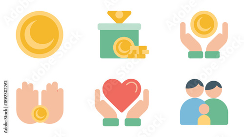 Philanthropic Harmony: A visual narrative unfolds, where icons elegantly portray acts of giving, encompassing donation boxes, shared coins, and expressions of care, love, and unity.
