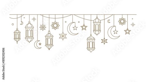 Radiant Lanterns and Celestial Charms: a display of hanging lanterns, crescent moons, and stars in gold line art, celebrating the beauty and spirituality