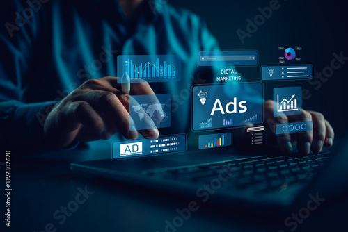 Digital marketing and AI advertising concept showing data driven ads, performance analytics, campaign optimization, smart marketing technology for business growth and online advertising strategy. © Looker_Studio