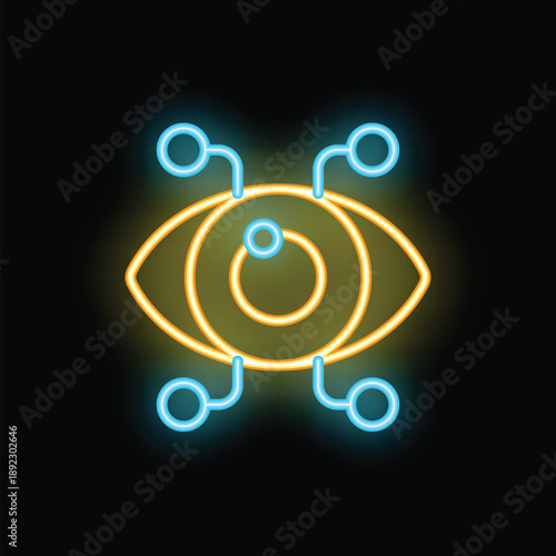 Neon eye is representing computer vision technology with connections symbolizing data analysis and artificial intelligence