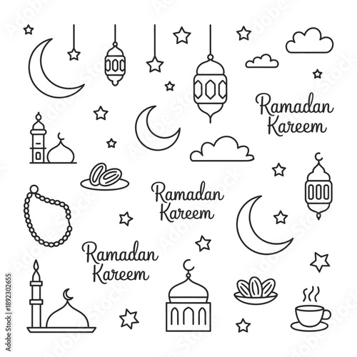 Ramadan Icons and Symbols: A collection of meticulously crafted line art illustrations depicting essential elements and symbols associated with the Islamic holy month of Ramadan.